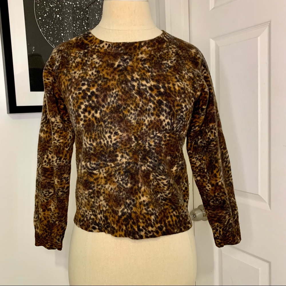 Vintage PIERRE CARDIN Mixed Leopard Print Lambswool 3/4 Sleeve Sweater sz XS/S
